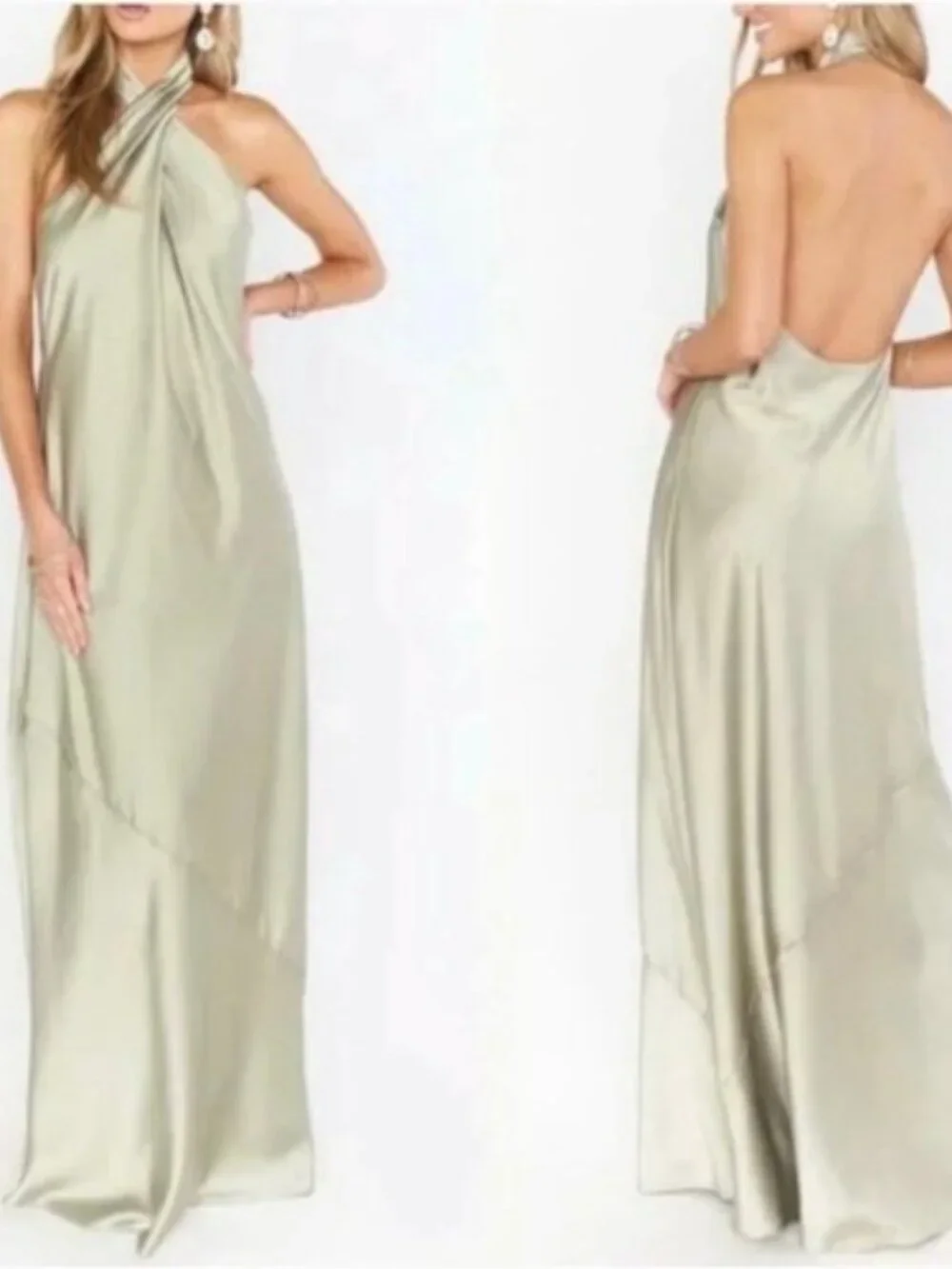 Show Me Your MuMu - Jasmine Halter Maxi Dress Moss Green Luxe Satin Women's - Picture 6 of 16